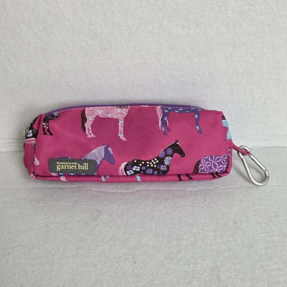 Garnet Hill Pink Horse Print Pencil Case Zipper Pouch with Carabiner Clip